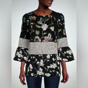 NWT Calessa Floral Patchwork Print Jewel Neck 3/4 Sleeve Tiered Small